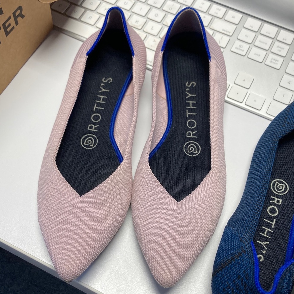 Rothy's Pink Pointed Knit Flats with Blue Trim